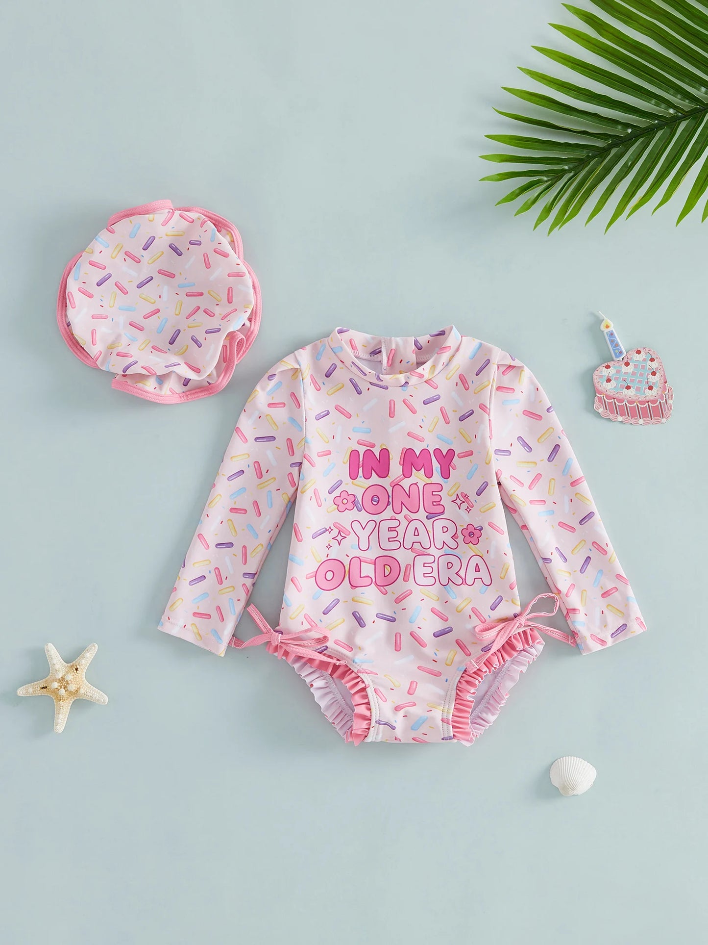Toddler Girls  Swimsuit with Long Sleeve Rash Guard and Swim Cap - Cute  Bathing Suit