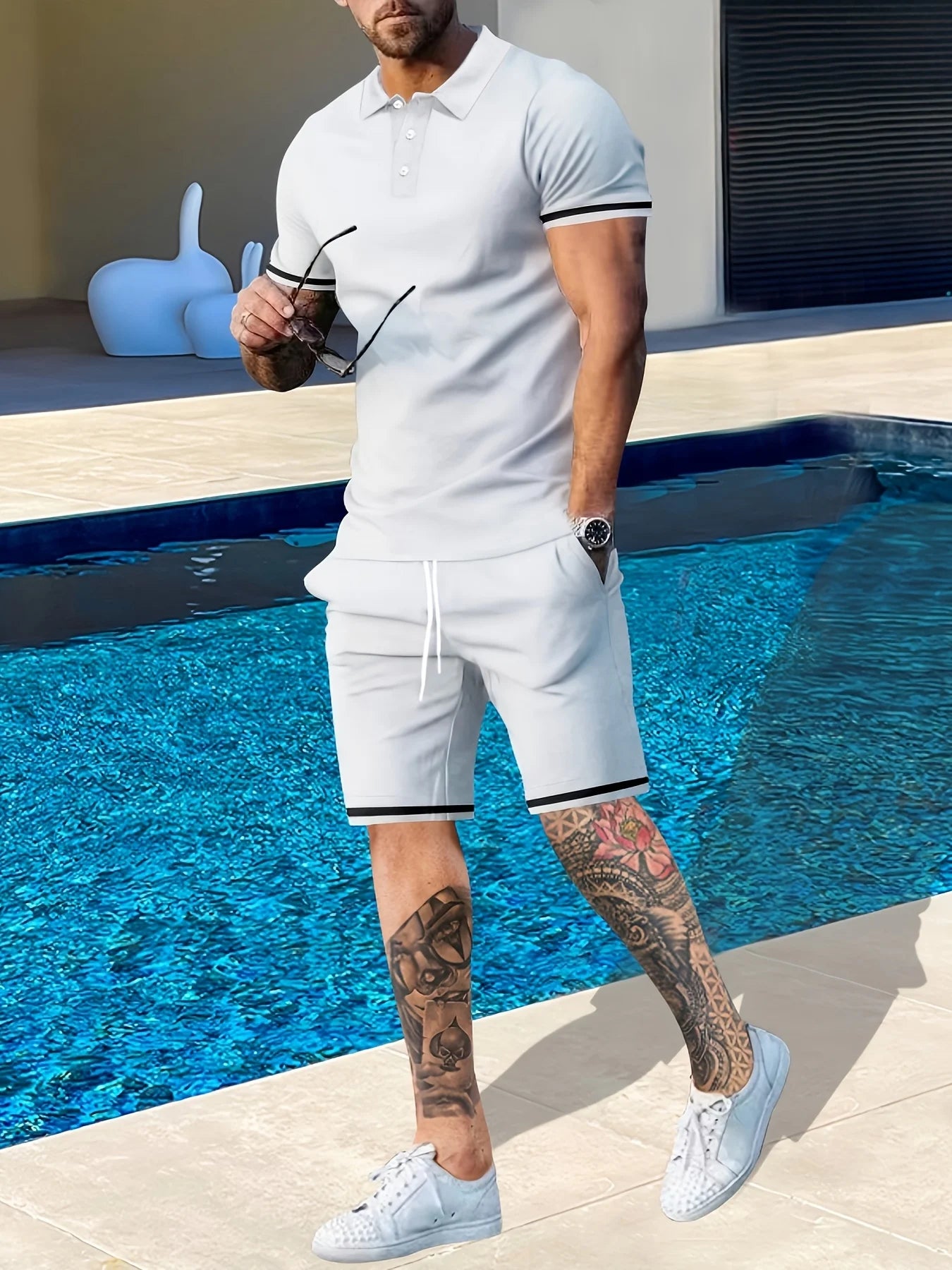 Men's Summer Short Sleeve Polo Shirt and Shorts, Two-Piece Set