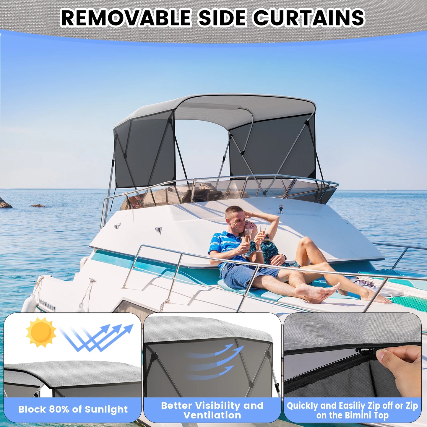 Adjustable Rear Support Poles 3 Bow Bimini Tops with Mesh Sidewalls for Boats Waterproof Marine Grade Canvas Easy Installation