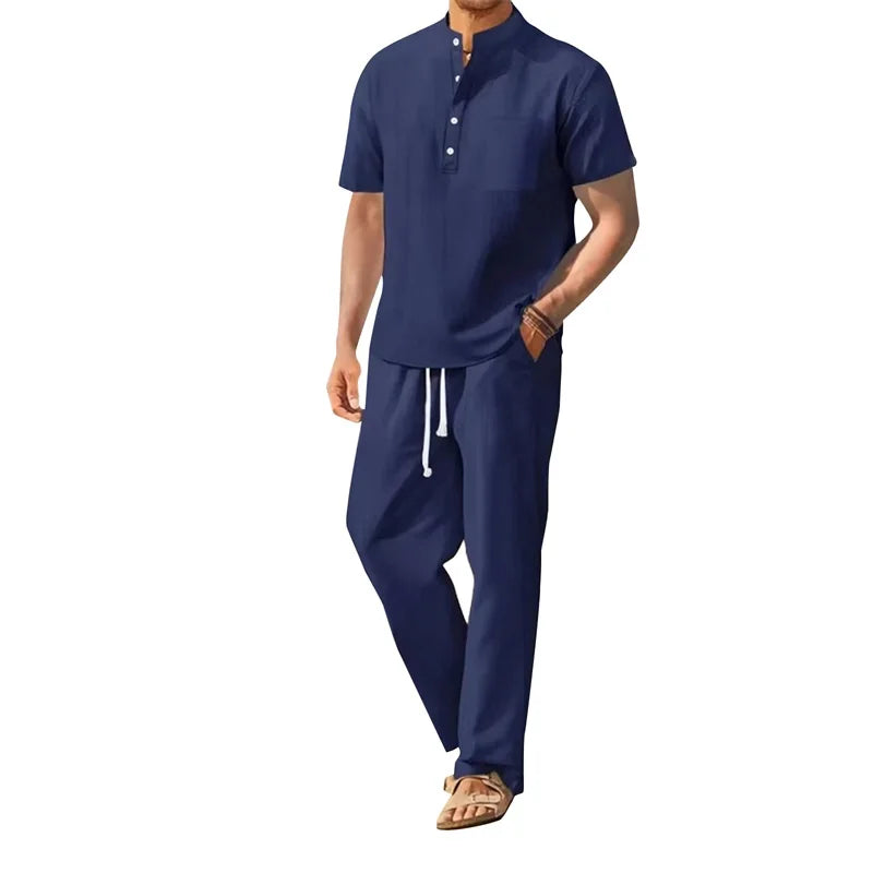 Men s Casual 2 Piece Outfit Short Sleeve Henley Tops with Drawstring Pants, Solid Color