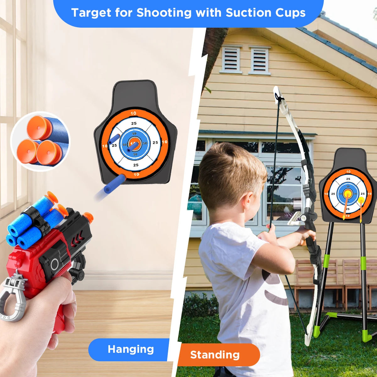 2X Bow and Arrow + Guns Toy For Kids, Night-Light Archery Stand Target Board Indoor Outdoor Game