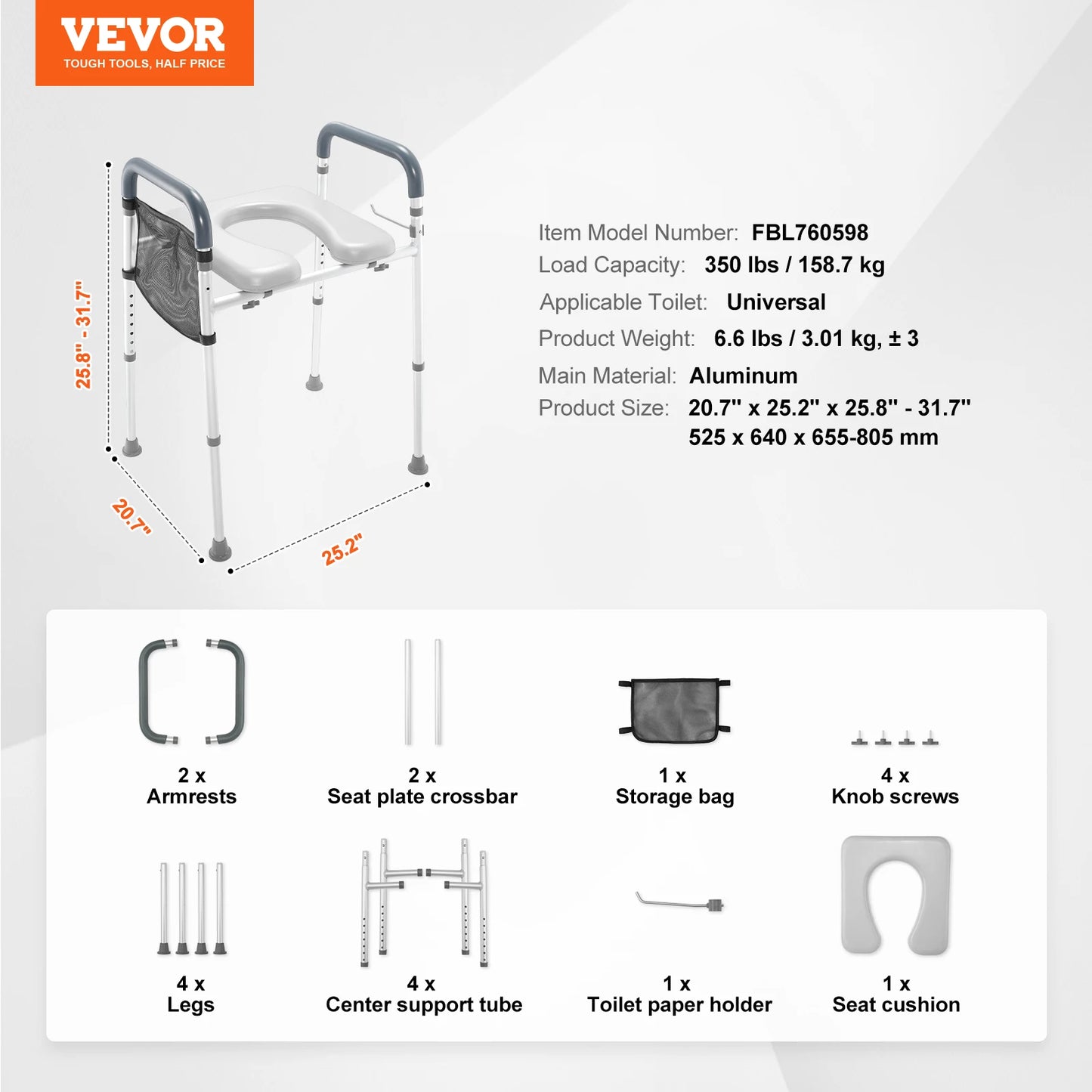 Raised Toilet Seat, 7-Position Height Adjustment 19.3" - 25.2" 350lbs Weight Capacity with Comfort Padded Aluminum Frame