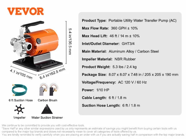 Water Transfer Pump, 120V AC 360GPH 1/10 HP Portable Electric Utility Pump for Garden, Rain Barrel, Pool, Pond, Aquarium