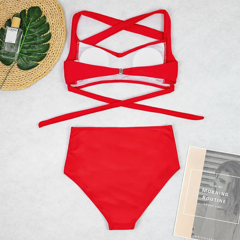 Two Pieces High Waist Bikini Sets Halter Solid Retro Ruched Printed Swimsuit