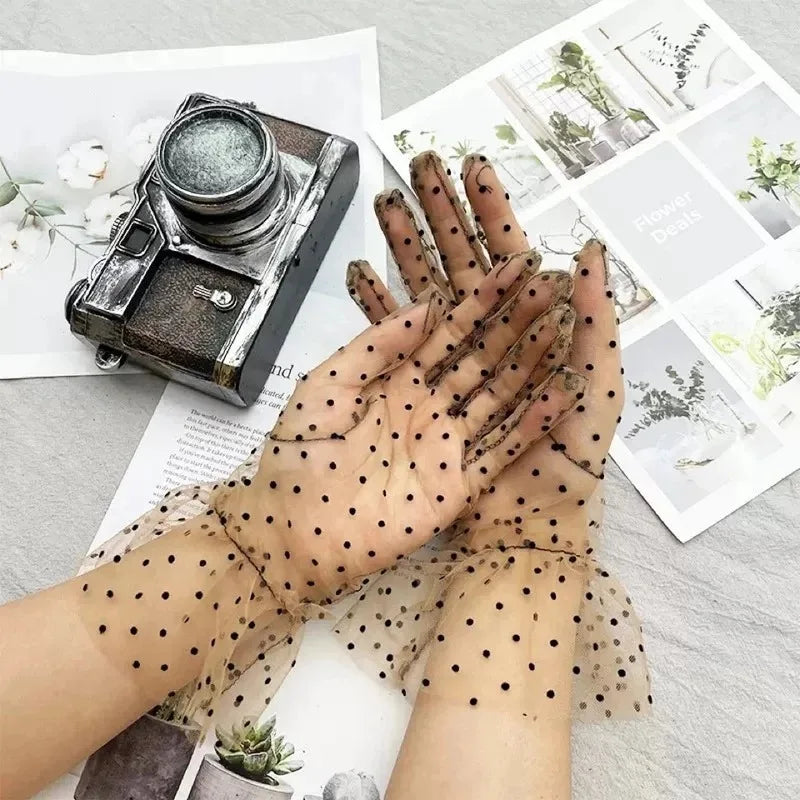 Transparent Dot Print Black White Mesh Tulle Glove