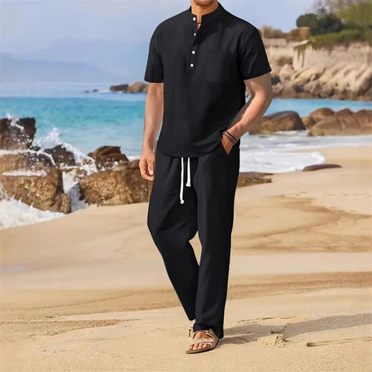 Men s Casual 2 Piece Outfit Short Sleeve Henley Tops with Drawstring Pants, Solid Color