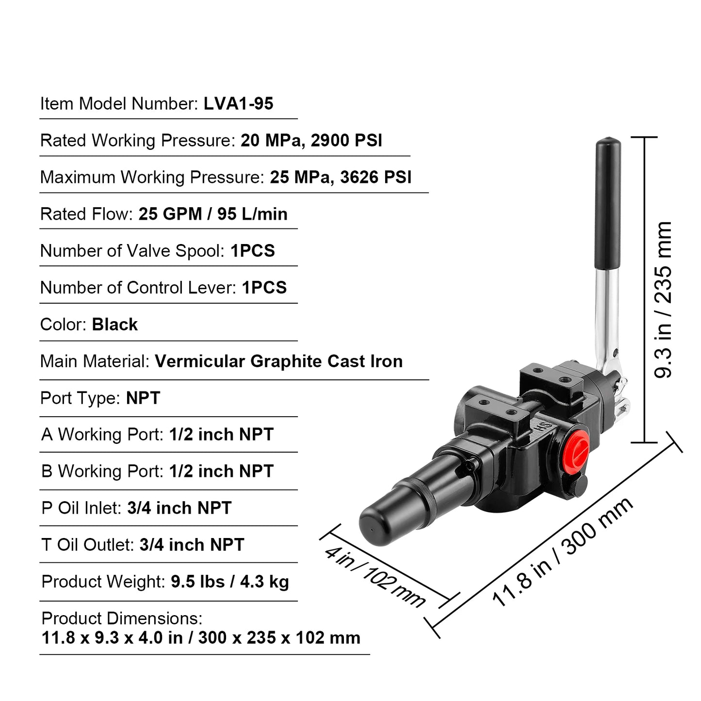Hydraulic Log Splitter Valve, 1 Spool 25 GPM Hydraulic Directional Control Valve, 3626PSI Hydraulic