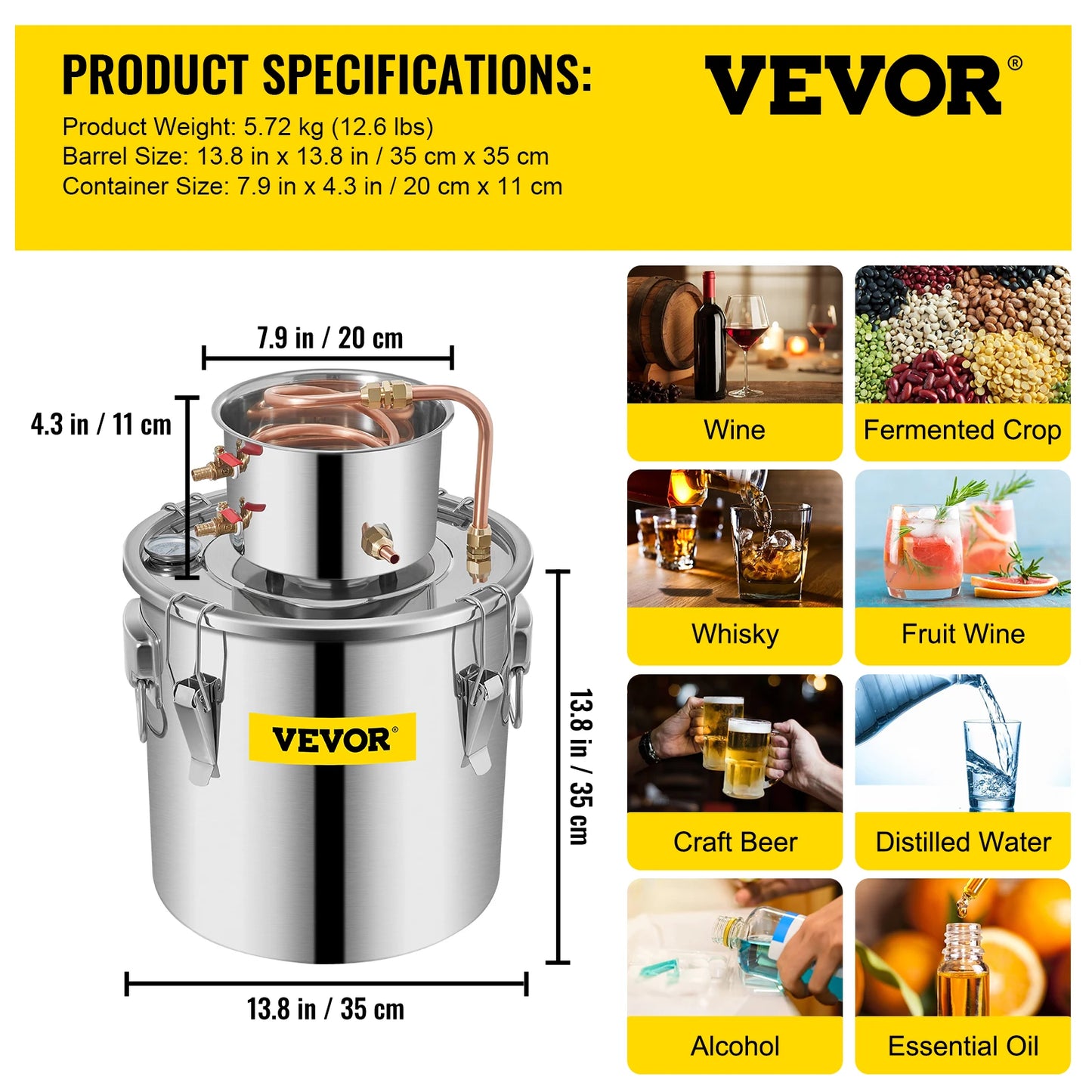 3, 5, 8, 13 Gal Distiller, Alcohol Still Stainless Copper DIY Home Brewing Kit