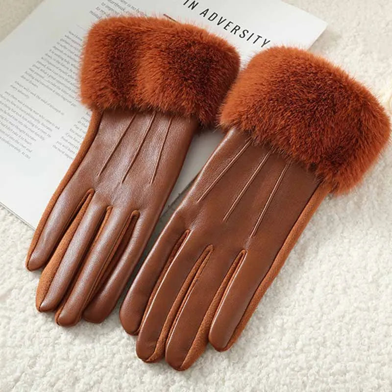Winter Luxury Women's  Leather Gloves, Wrist Length Soft Faux Fur Trim Cuff
