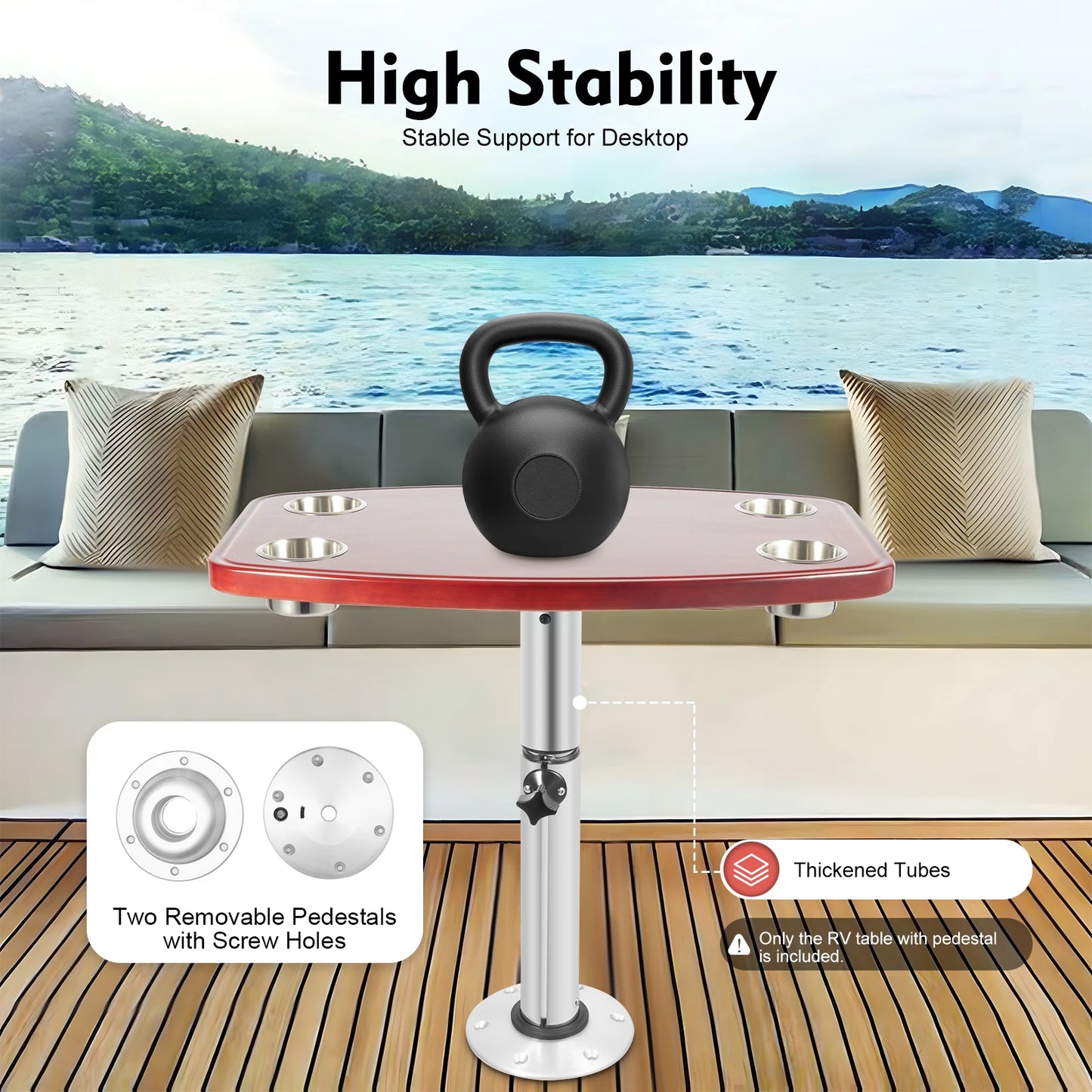 Telescopic Boat Table - Adjustable Height with 4 Cup Holders & Foldable Base - Marine-Grade Deck Table for Yachts, Boats