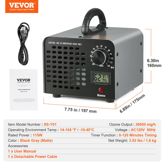Ozone Generator; 12000, 36000, 24000mg/h Ozone Machine Odor Remover. High Capacity Commercial/Industrial Ozone Generator