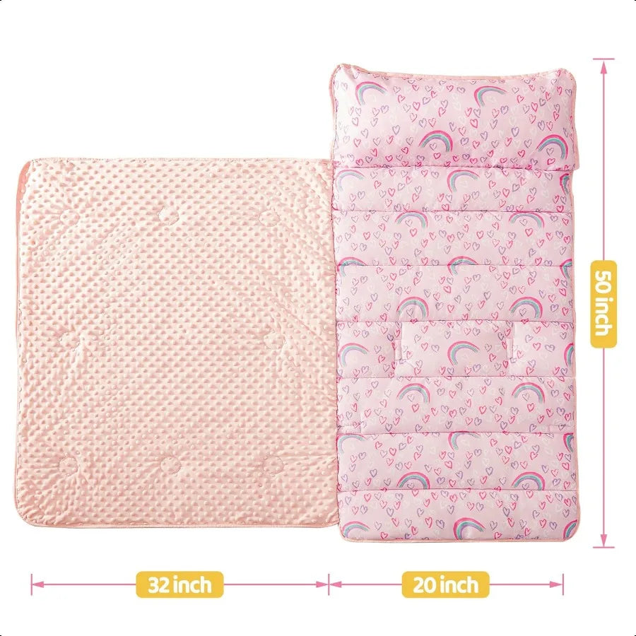 Toddler Nap Mat Girls Pink Rainbow Sleeping Bag with Pillow and Blanket