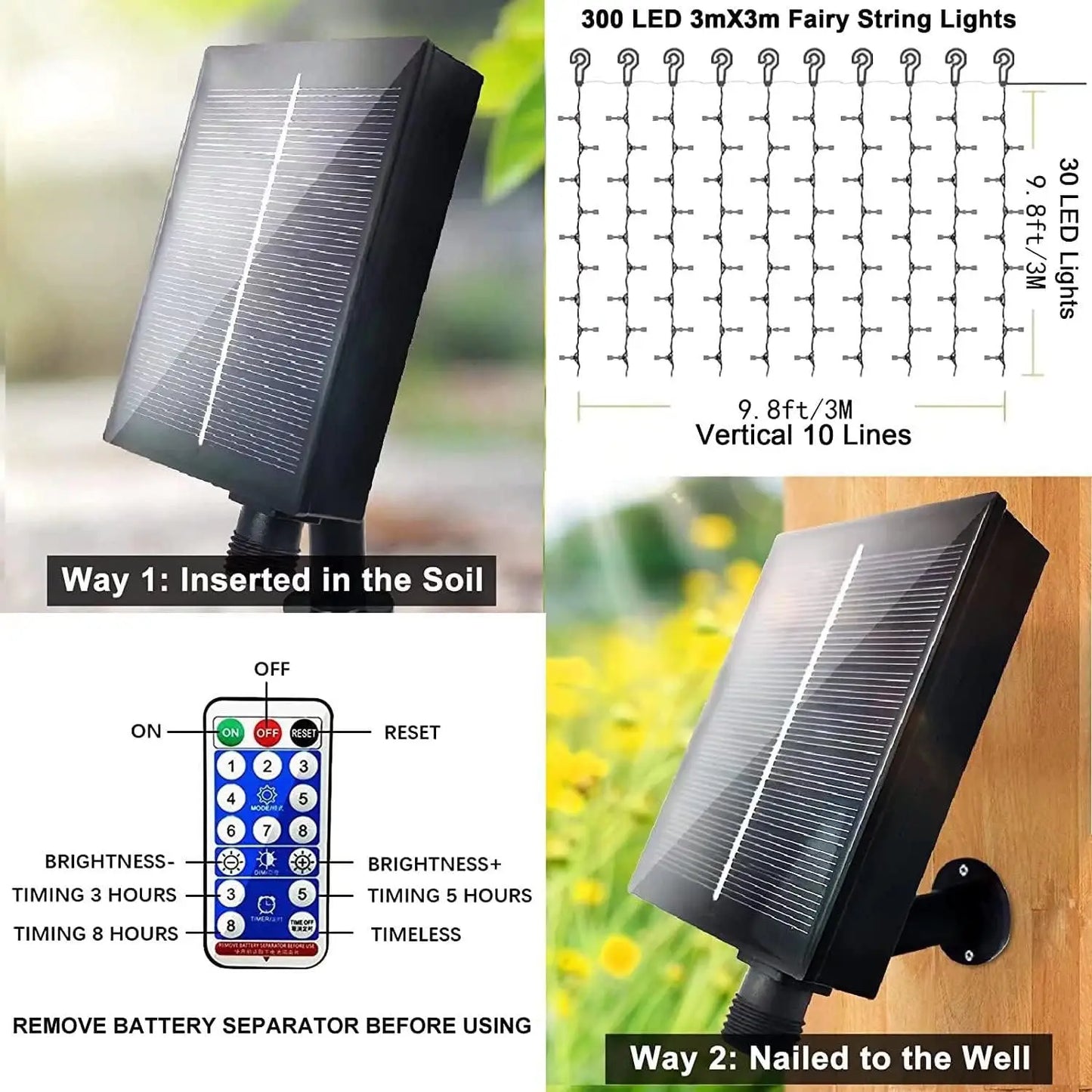 Solar Curtain Light Outdoor 300 LED 8 Modes Waterfall Fairy String Lights