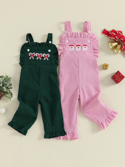 Christmas Children s Girls Embroidered Candy Cane and Santa Claus Overalls