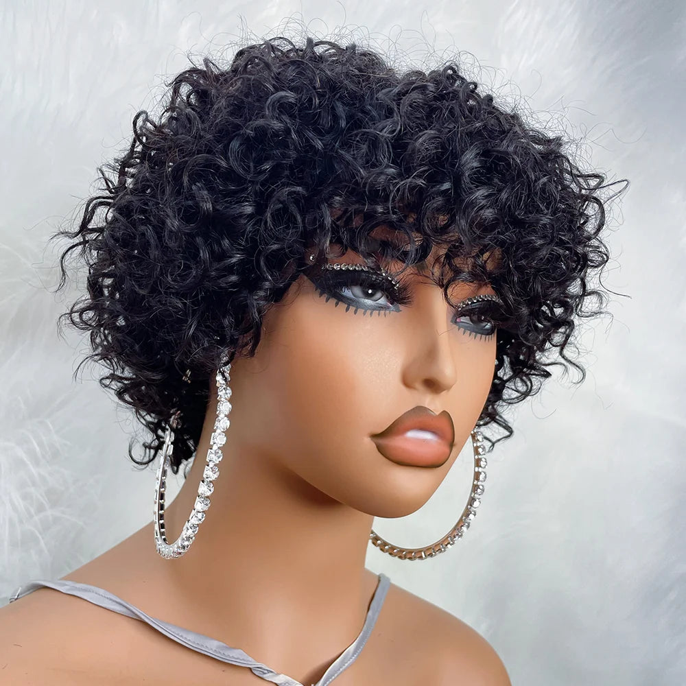 Pixie Cut Human Hair Wig, Rose Curly Funmi Glue less, with Bangs, Short Bouncy Curly