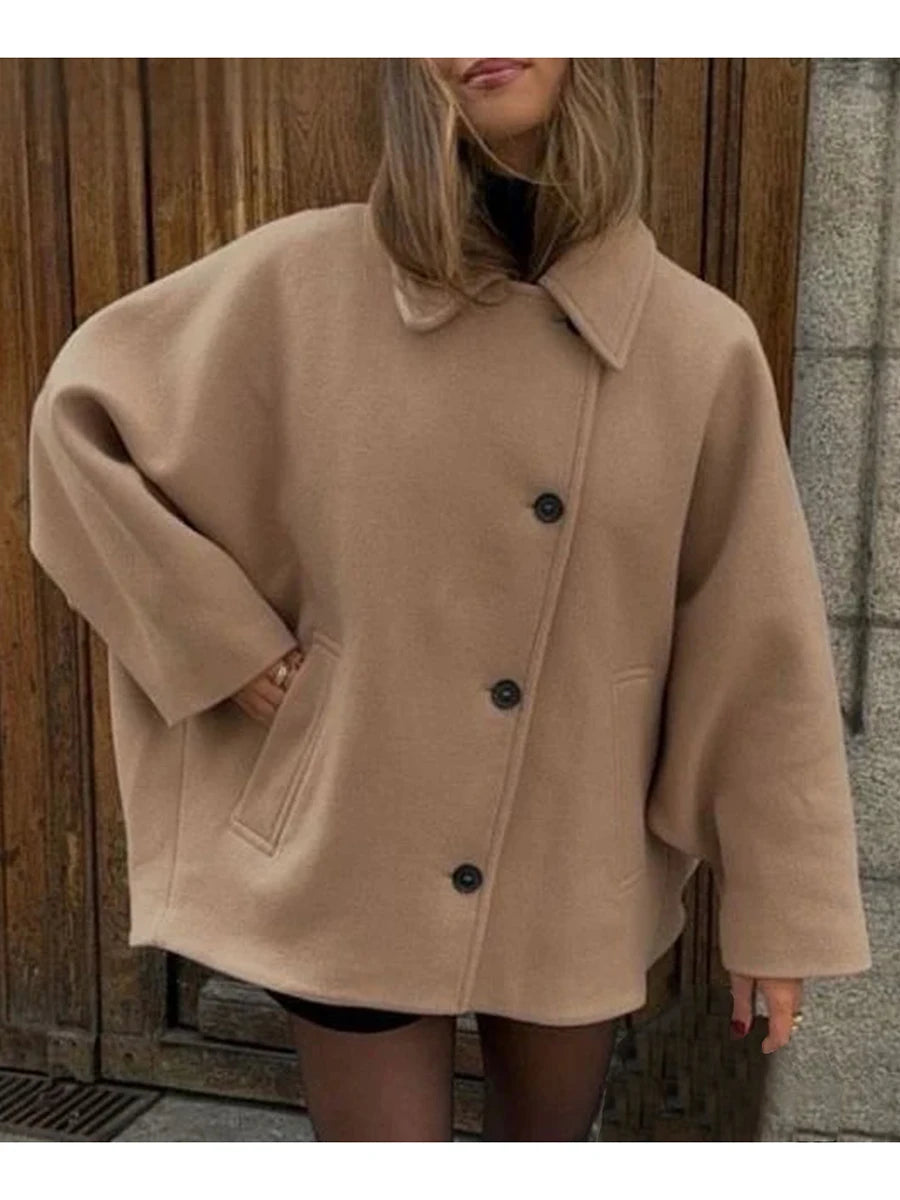 Women s Winter Oversized Wool Jacket with Batwing Sleeves and Lapel Collar Button Closure Solid Color Loose Fit