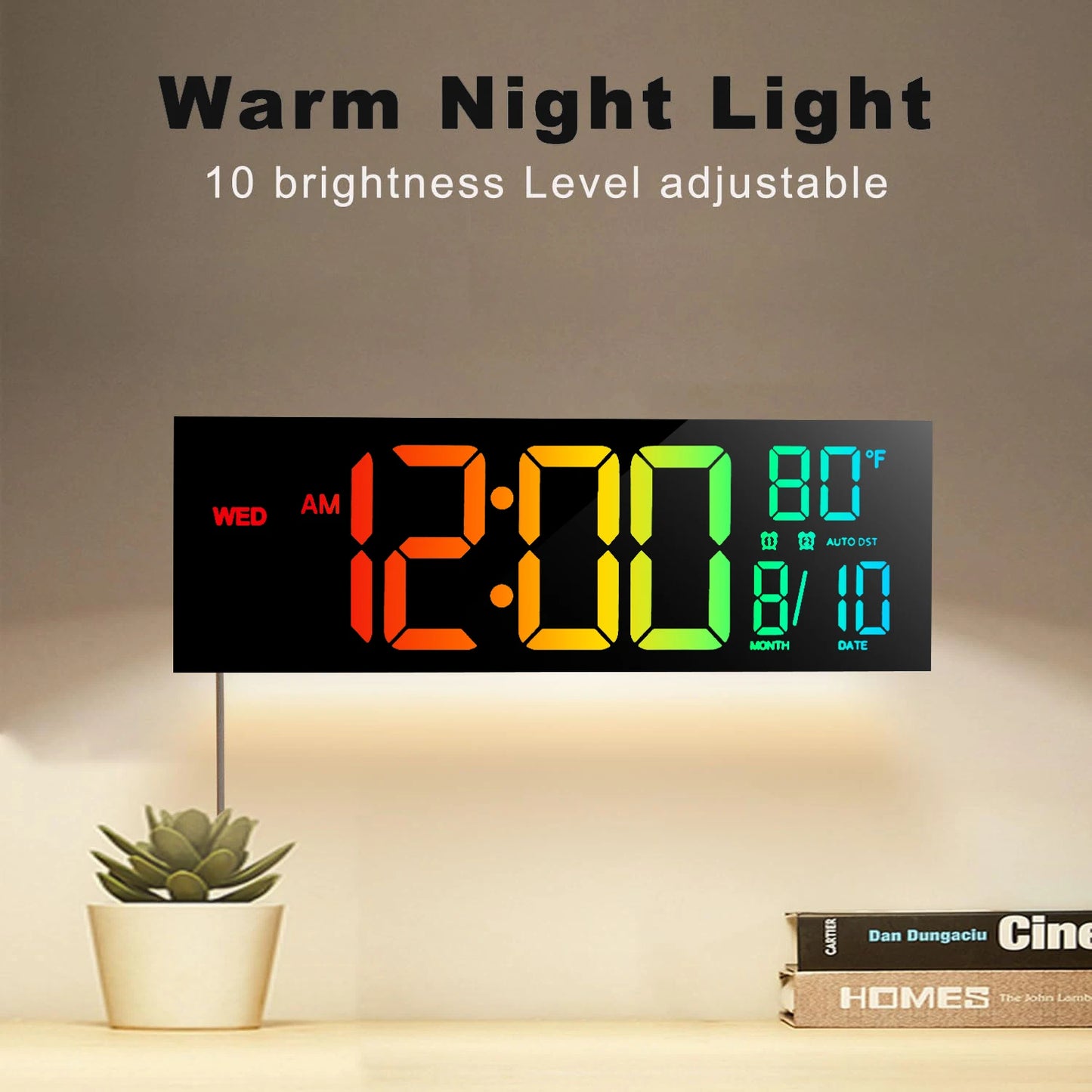 16" Large Digital Wall Clock, Big LED Display with Remote, 8 RGB Color, Alarm, Temperature
