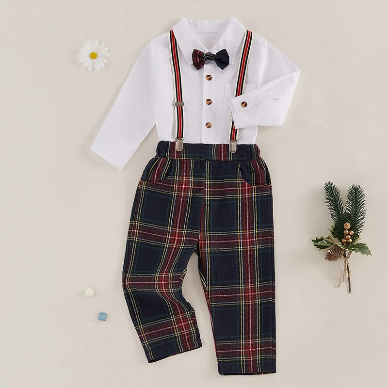 Toddler Boy Formal Wear Stylish Long Sleeve Shirt with Bowtie and Plaid Suspender Pants 2 Piece Set for Special Occasions