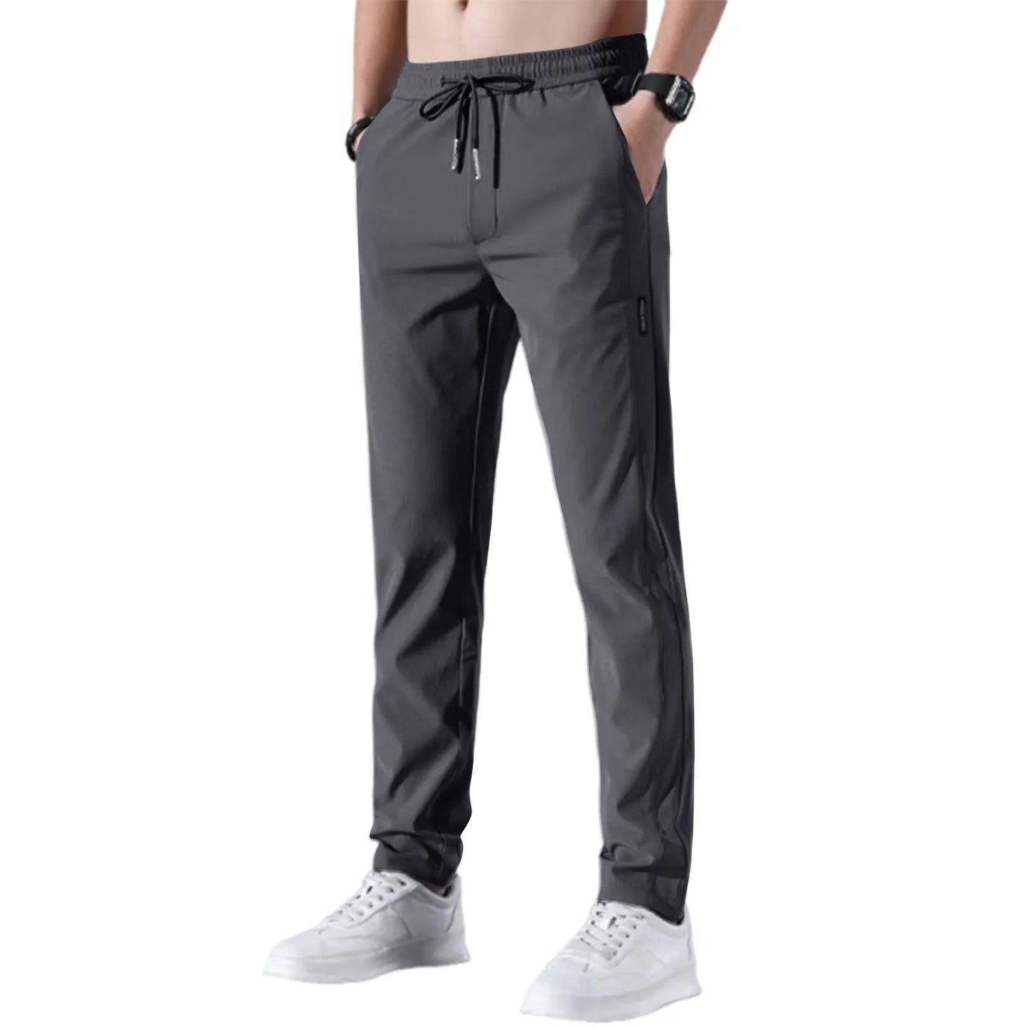 Men Fast Dry Stretch Pants Solid Color Mid-Waist Loose Breathable Straight-Leg Casual Pants