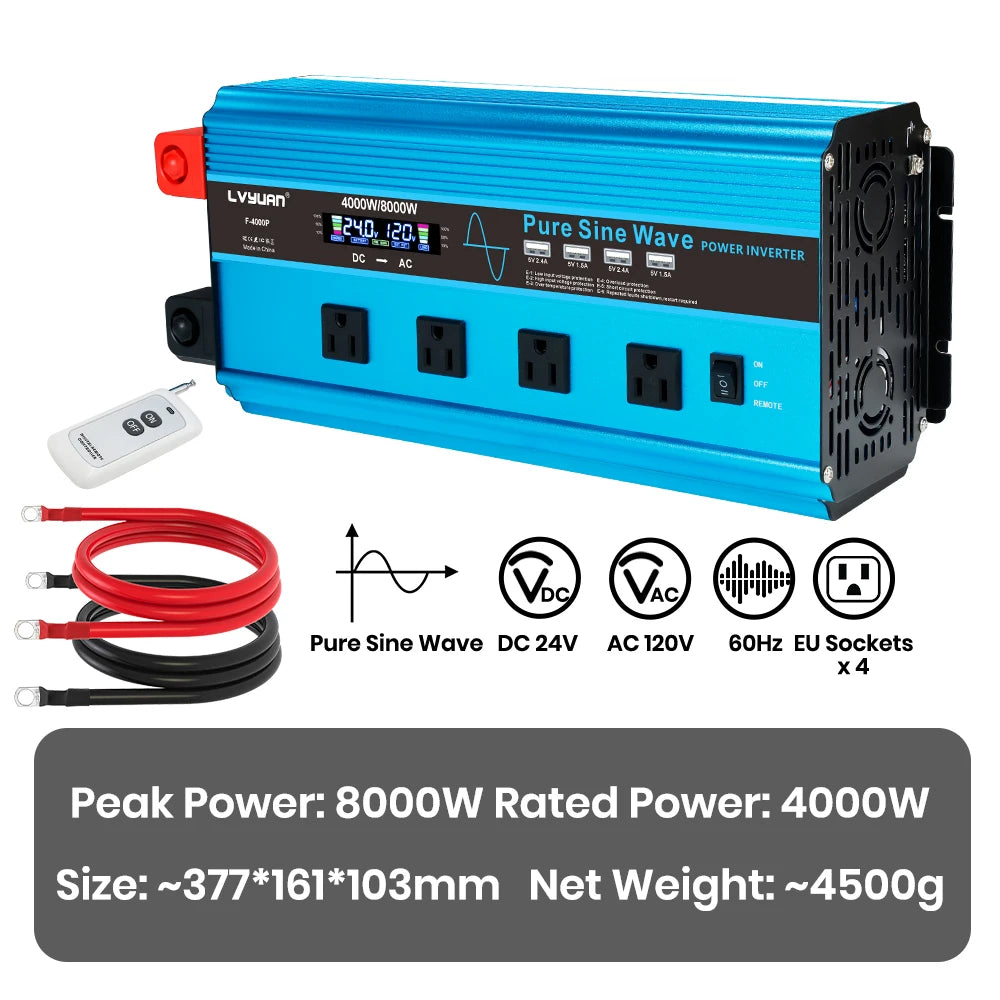 4000W Pure Sine Wave Inverter DC 12v/24v To AC 110v 60HZ Voltage Converter Car Solar Power Inverter