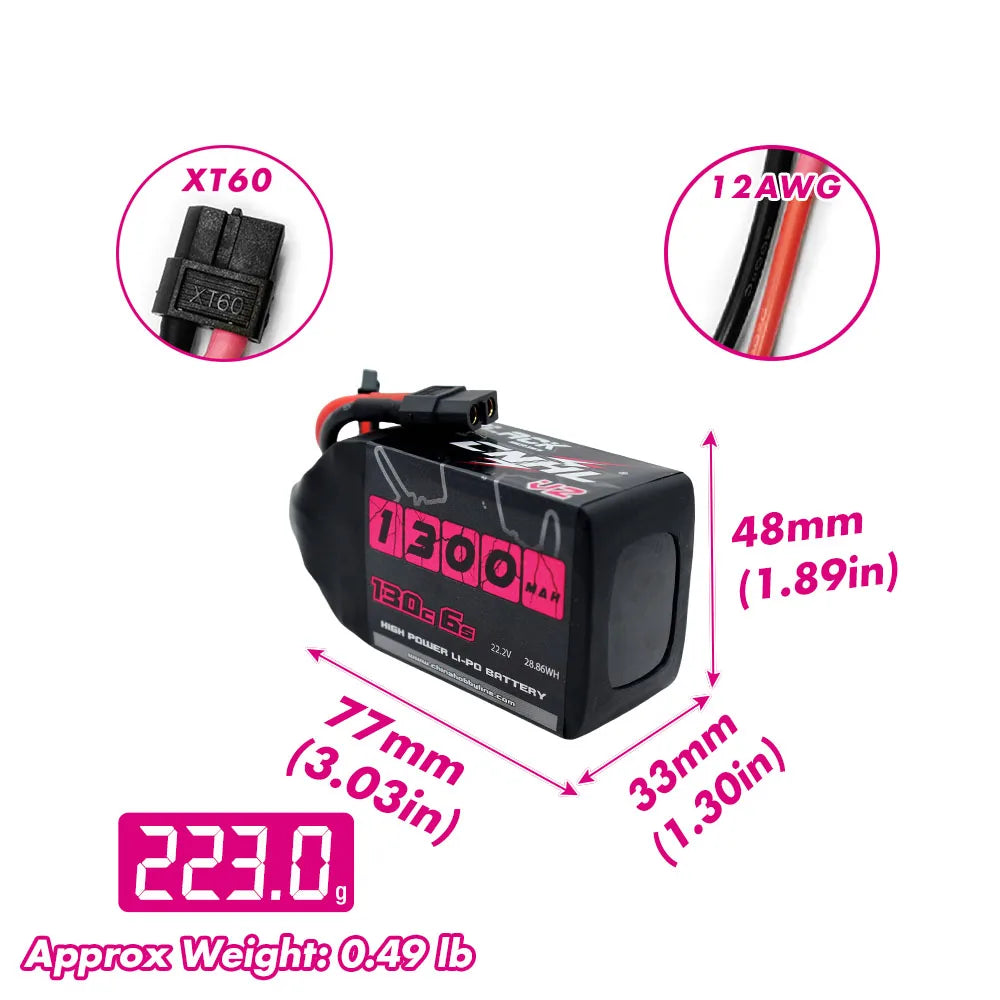 2 Packs 1300mAh 22.2V 6S Lipo Battery with XT60 Plug