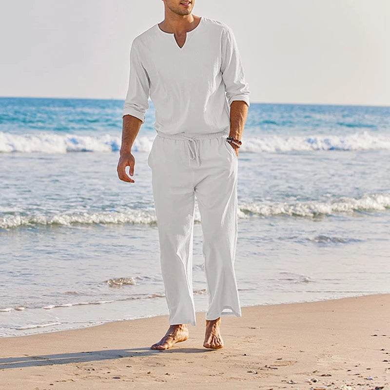 Men s Summer Cotton Linen Solid Color Long Sleeve Henley Shirt Elastic Waist Drawstring Pants 2 Pieces