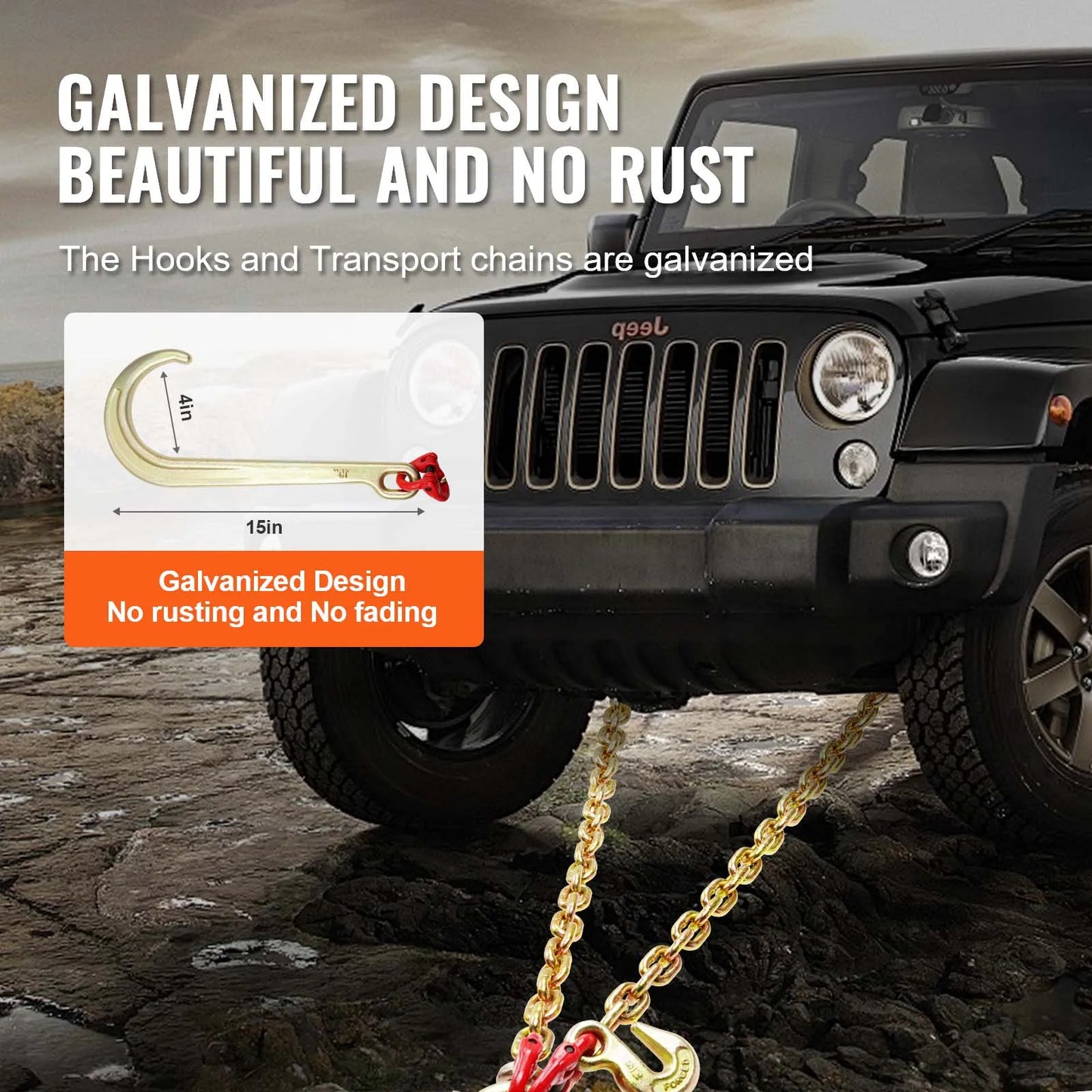 Towing Bridle Chain Towing with 15" J & Grab Hooks Transport Tow Chain Bridle for Flatbed Truck Wrecker Recovery