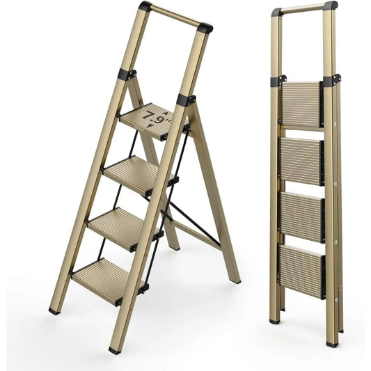 Gold 4 Step Ladder for 10 Feet High Ceiling, Lightweight Foldable Ladder with Non-Slip Wide Pedals, Safe Handrail