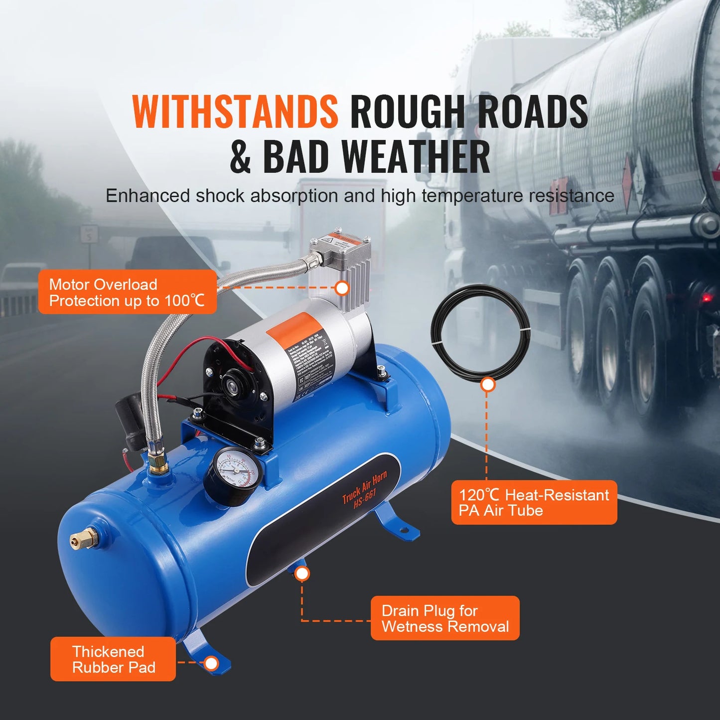 12V Air Compressor with Tank. 1.6 Gallon/6 L , 120 psi Air Compressor System for Air Horns, Inflating tires, Rafts, ect