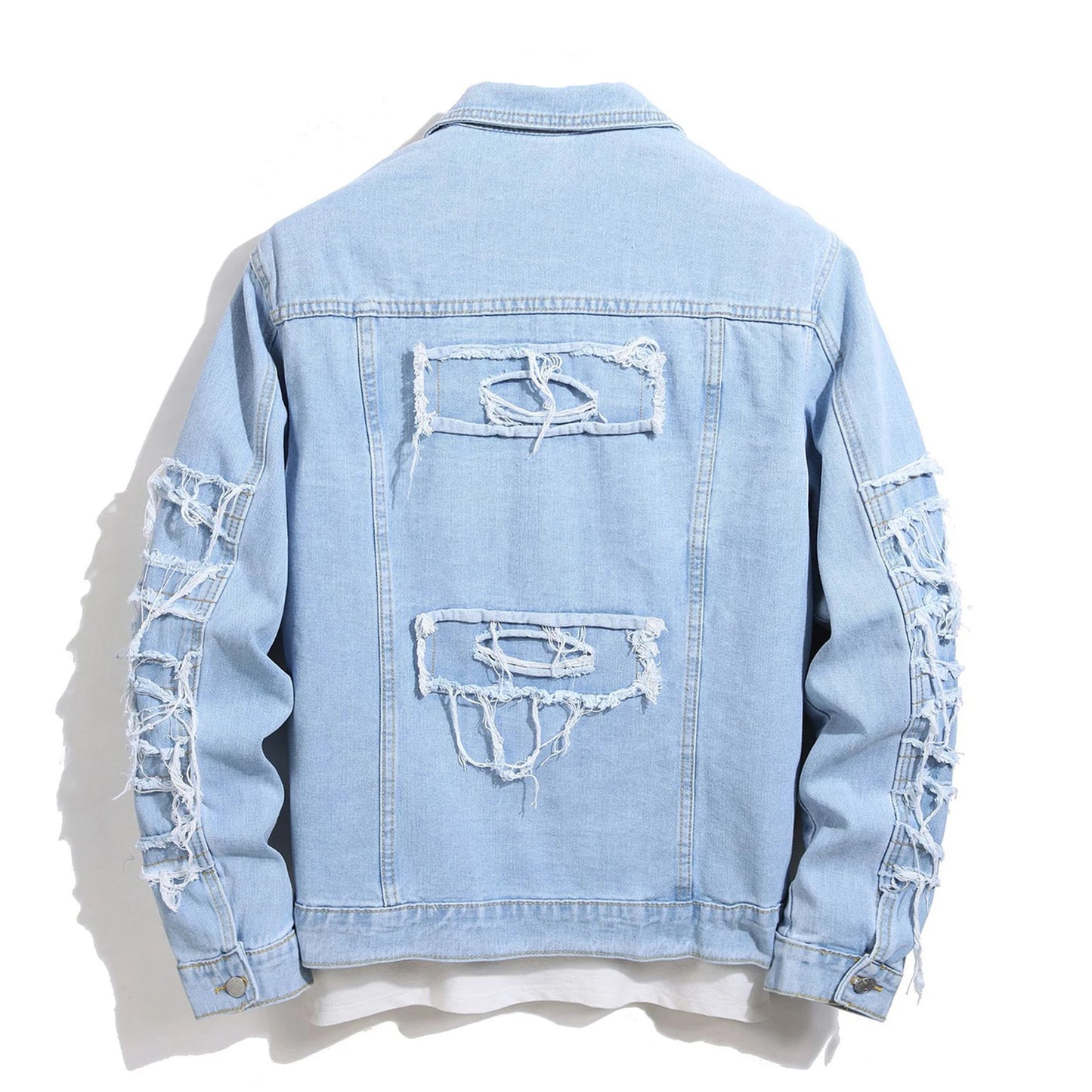 Men's Destroyed Jeans Jacket With Patchwork  Ripped Denim