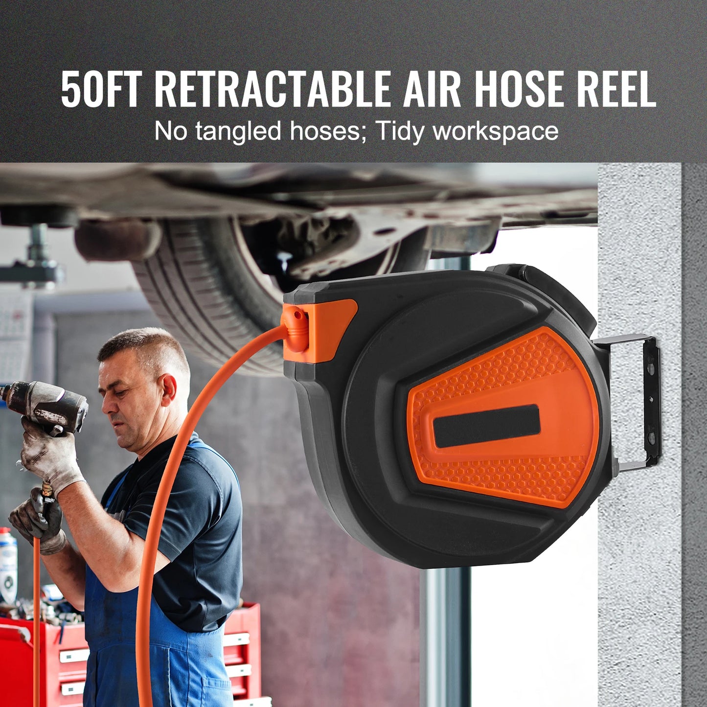 50FT Retractable Air Hose Reel Wall-Mounted PVC Hose Automatic Rewinding, Swivel Compressor