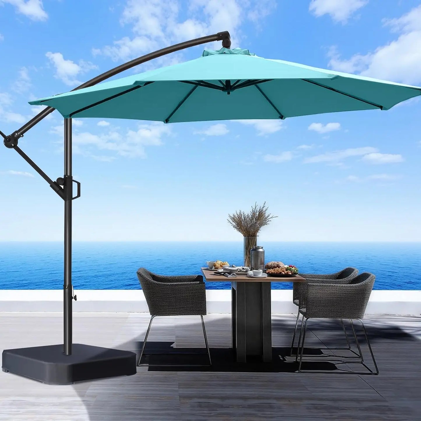 10ft Offset Patio Umbrella - w/Base, Cantilever Offset Hanging Patio Outdoor Umbrella. UPF50+ UV Protection
