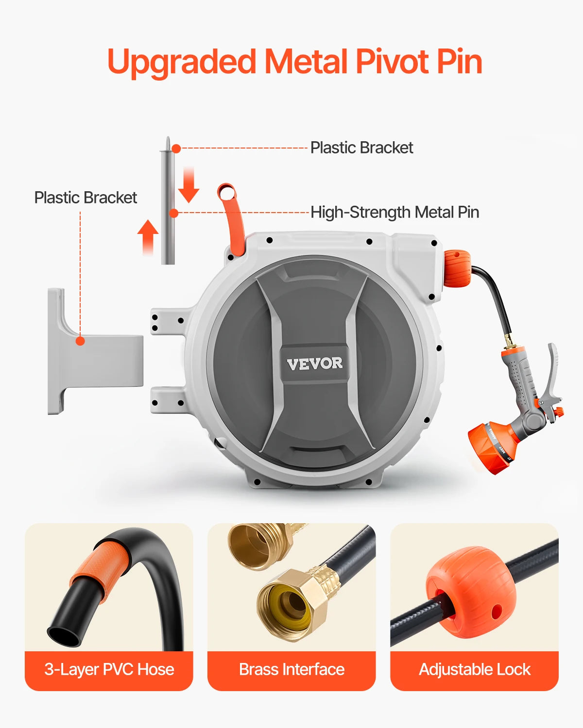 Retractable Garden Hose Reel, Wall Mounted Hose Reel, Heavy Duty Reel with 9 Patterns Nozzle Swivel Bracket