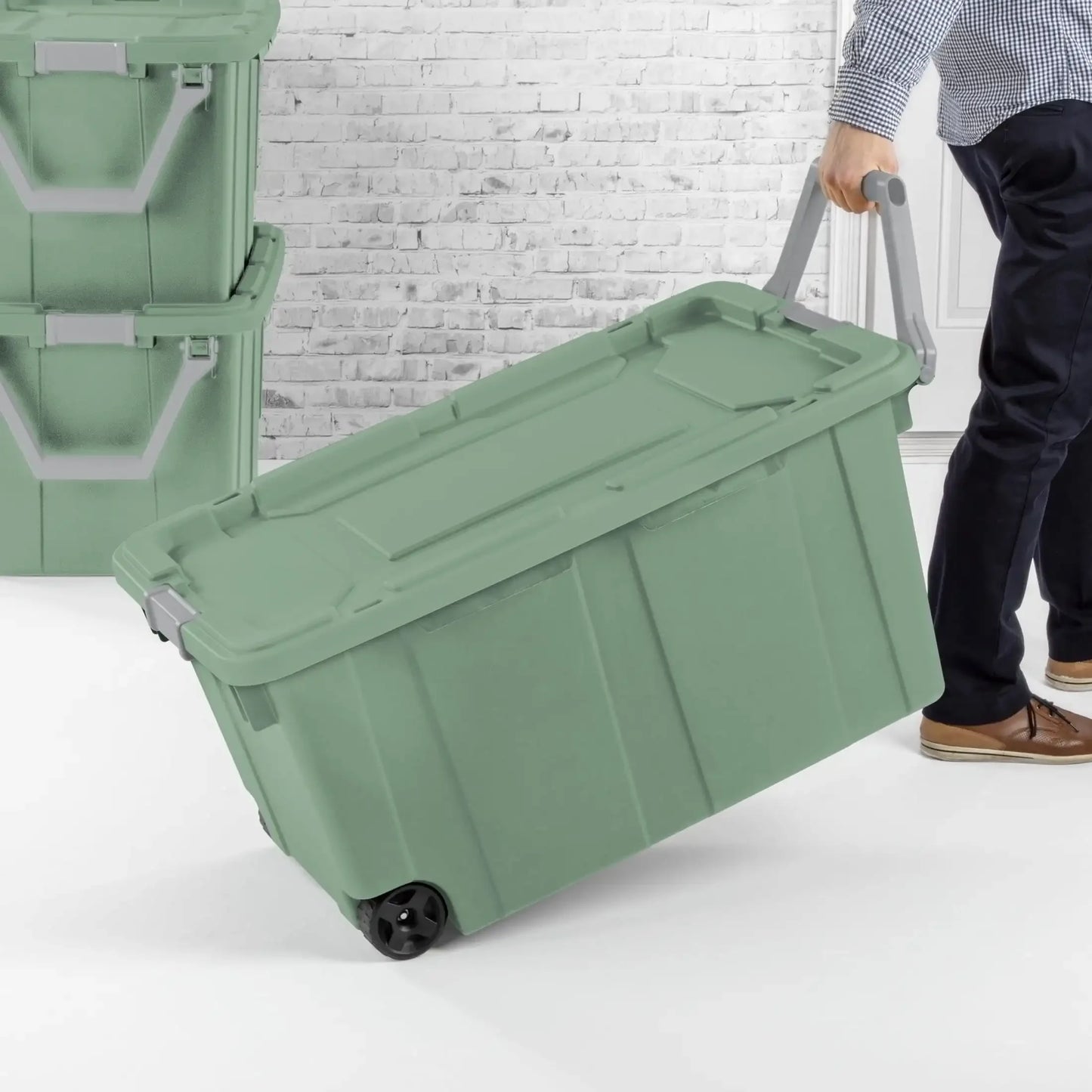 40 Gallon Wheeled Industrial Tote, Plastic Green Sage, Set of 2