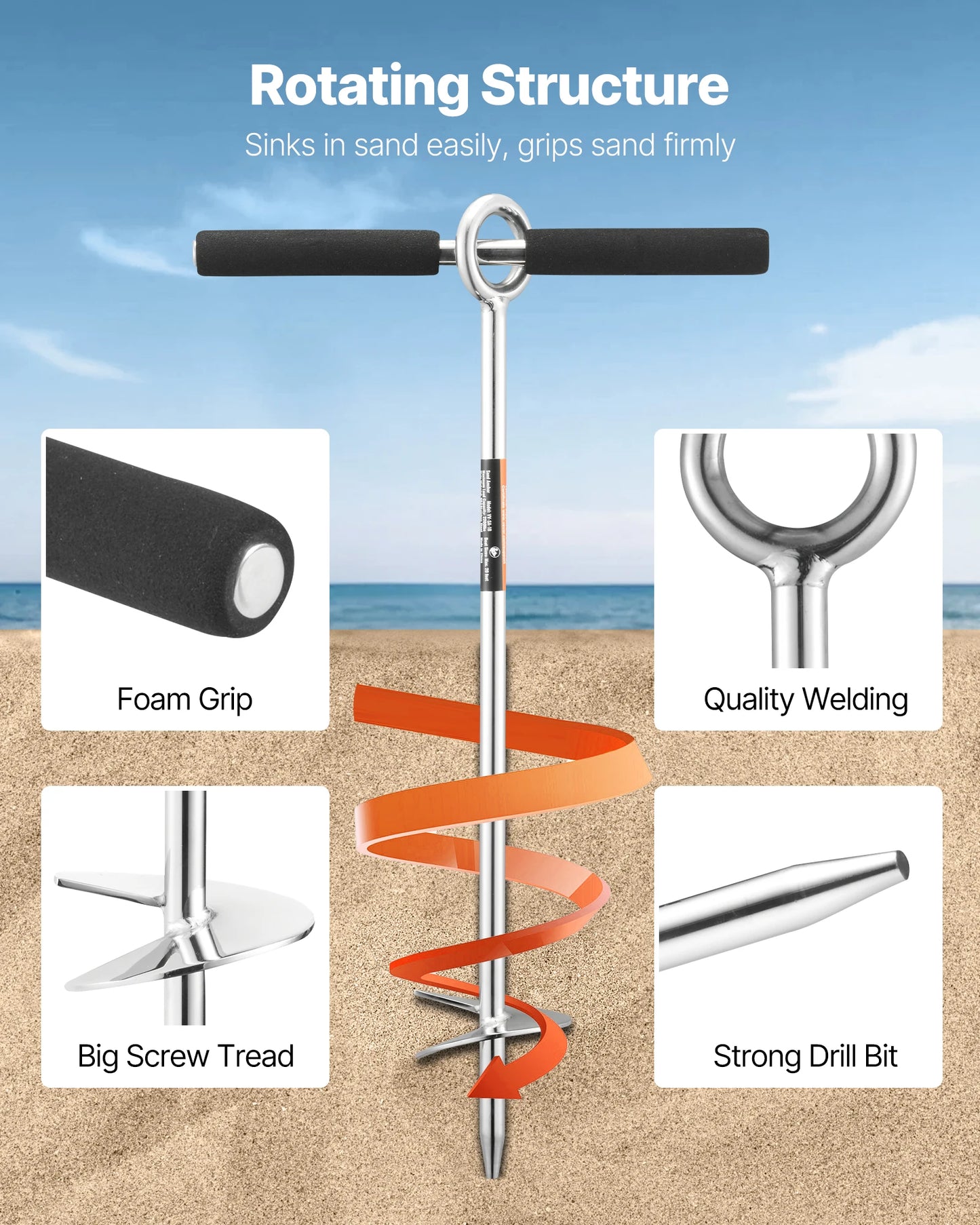 Sand Anchor, 18/36in Stainless Steel Beach Anchor, Sand Boat Anchor with Spiral Blade, Shallow Water Boat Auger Anchor