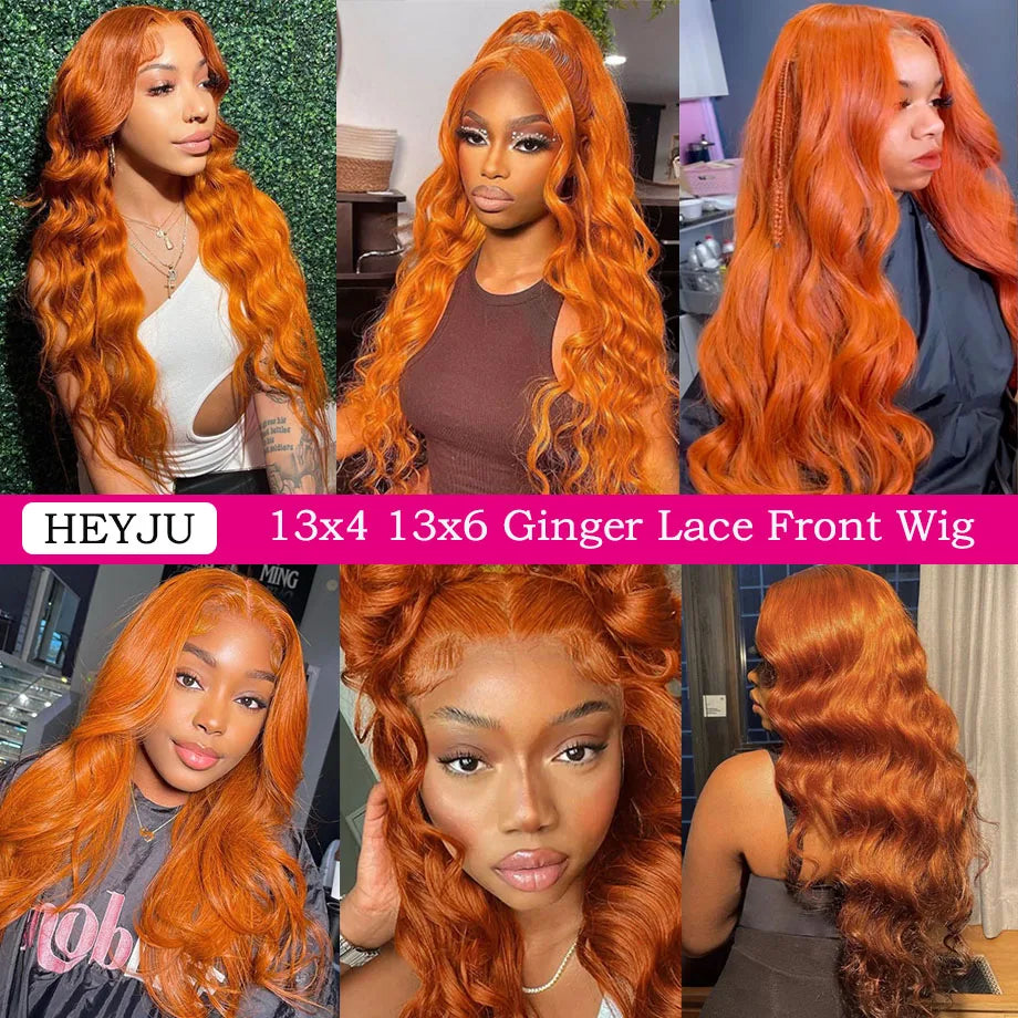 Orange Ginger Lace Front Wig, Human Hair Body Wave 13x6 HD Lace Frontal Wig Colored Brazilian Hair, Transparent Lace Wig
