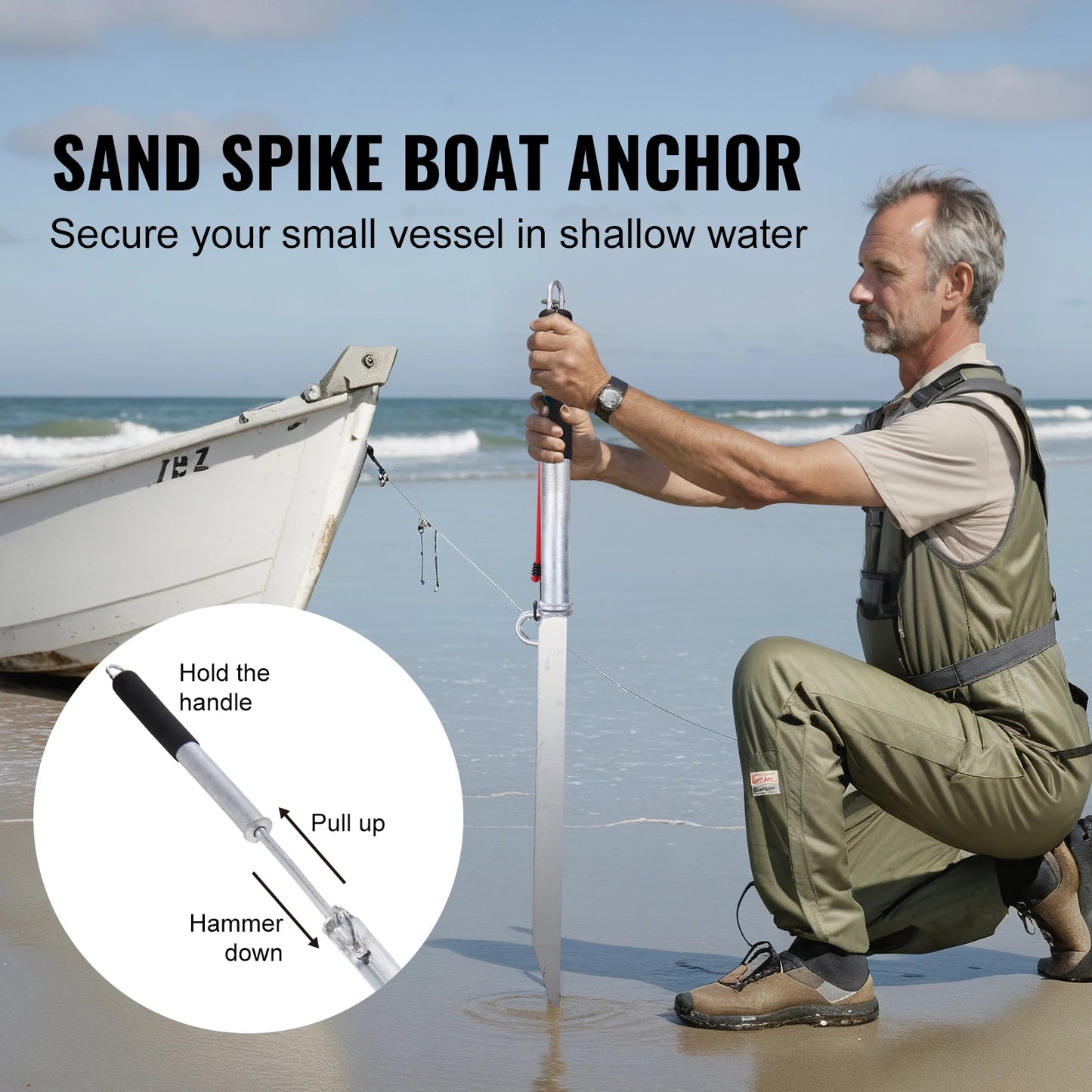 Sand Spike Boat Anchor Pole, 36" Galvanized Carbon Steel Slide Anchor Shore Spike Anchor for Small Boat Jetski Pontoon