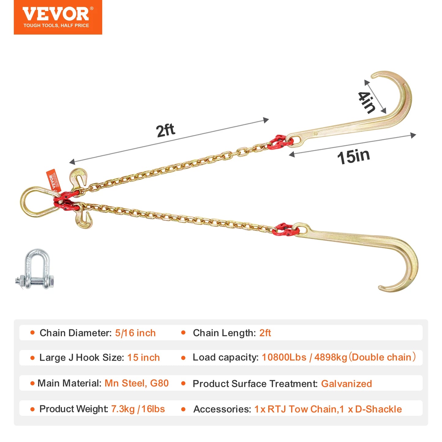 Towing Bridle Chain Towing with 15" J & Grab Hooks Transport Tow Chain Bridle for Flatbed Truck Wrecker Recovery