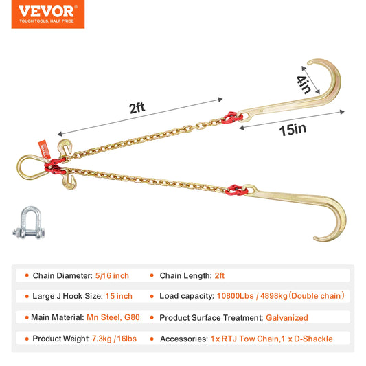 Towing Bridle Chain Towing with 15" J & Grab Hooks Transport Tow Chain Bridle for Flatbed Truck Wrecker Recovery