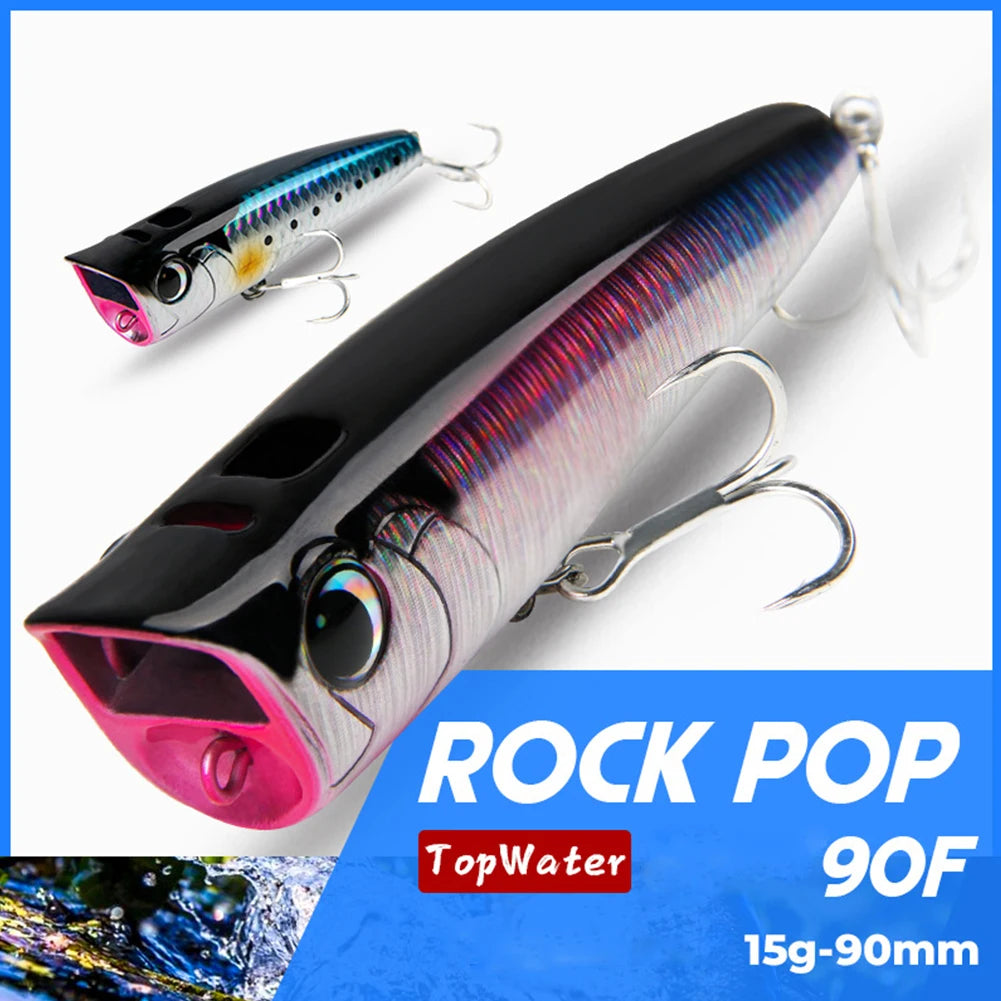 Popper Fishing Lure with Hook, Floating Fishing Lure 3D Eyes Artificial Wobbler Swimbait for Freshwater Saltwater Surface Fishing