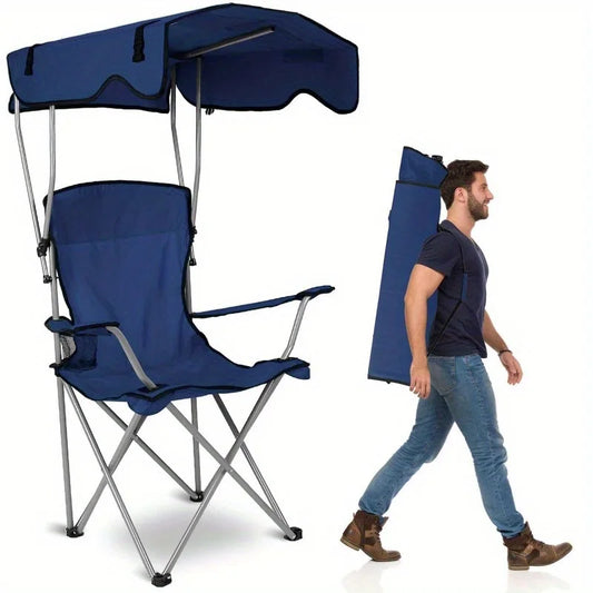 Camping Chair With Canopy, Outdoor Folding Lounge Chair With Adjustable UPF 50+ Sun Shade & Cup Holder