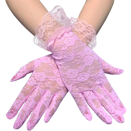 Women Sexy Lace Short Tulle Gloves, Elegant Lady Lotus Leaf Sheers, Bridal lace gloves