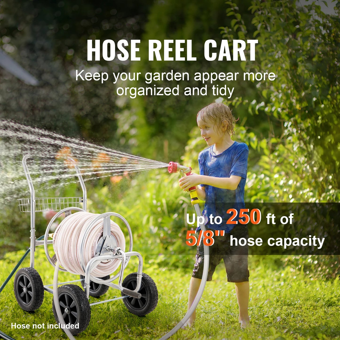 Hose Reel Cart 250ft Heavy Duty Garden, Yard Planting, W/ Basket. Effortless Roll-up