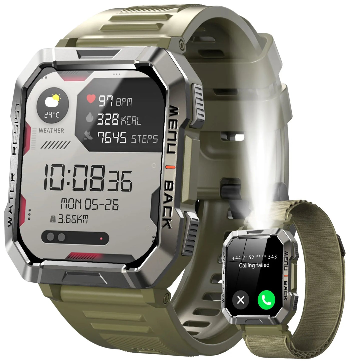 Smart Watch 2.01'' HD Display Outdoor Men's Watches with Emergency Lighting Bluetooth Call Waterproof Smartwatch