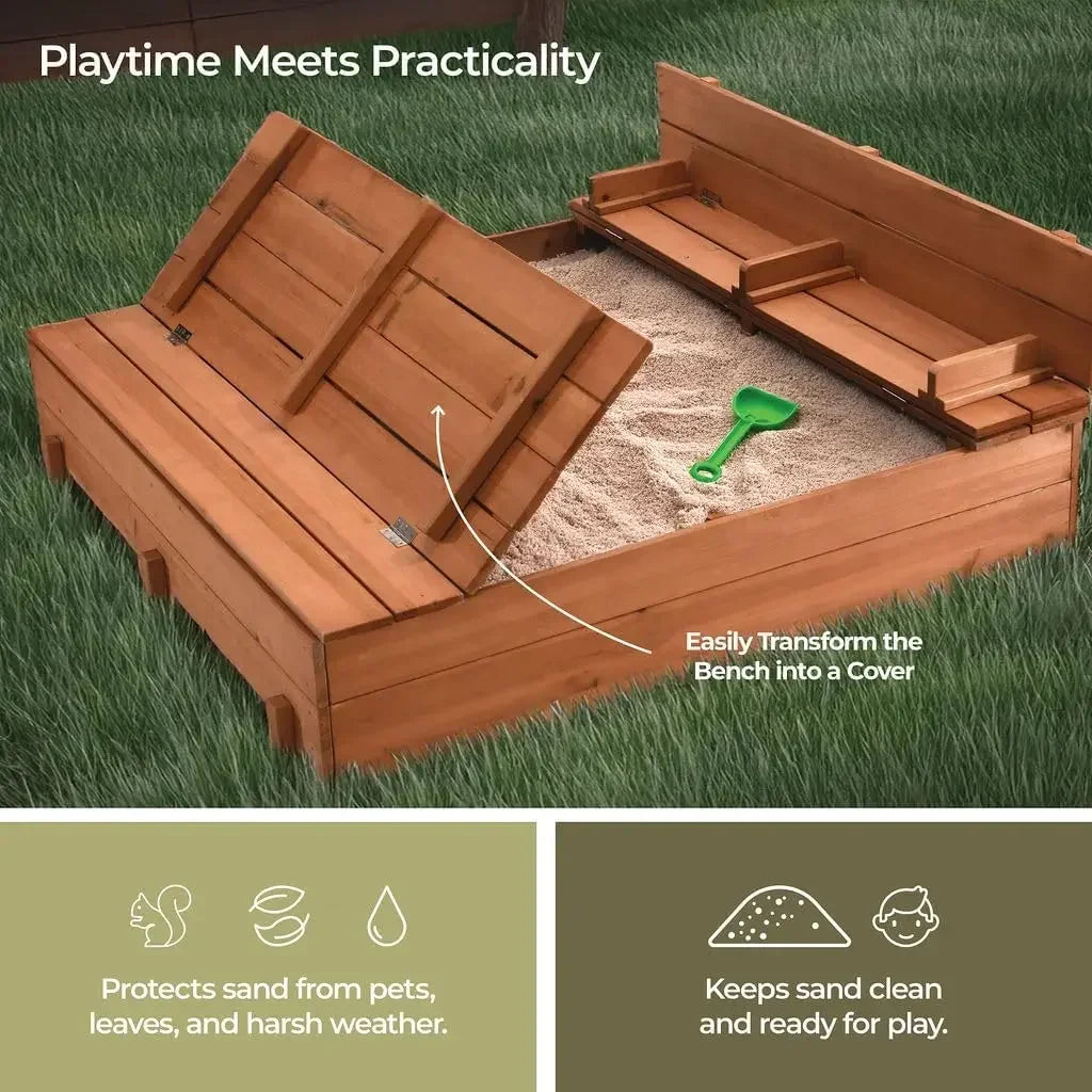Large Wooden Kids Sandbox with Lid – Outdoor Sand Box for Kids with Cover, Foldable Bench Seats and Bottom Liner
