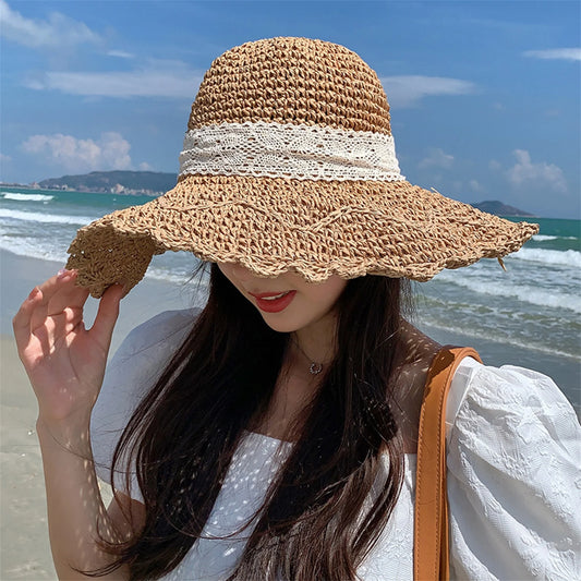 Elegant Floral Print Wide Brim Sun Hat with Bow Decoration, Breathable