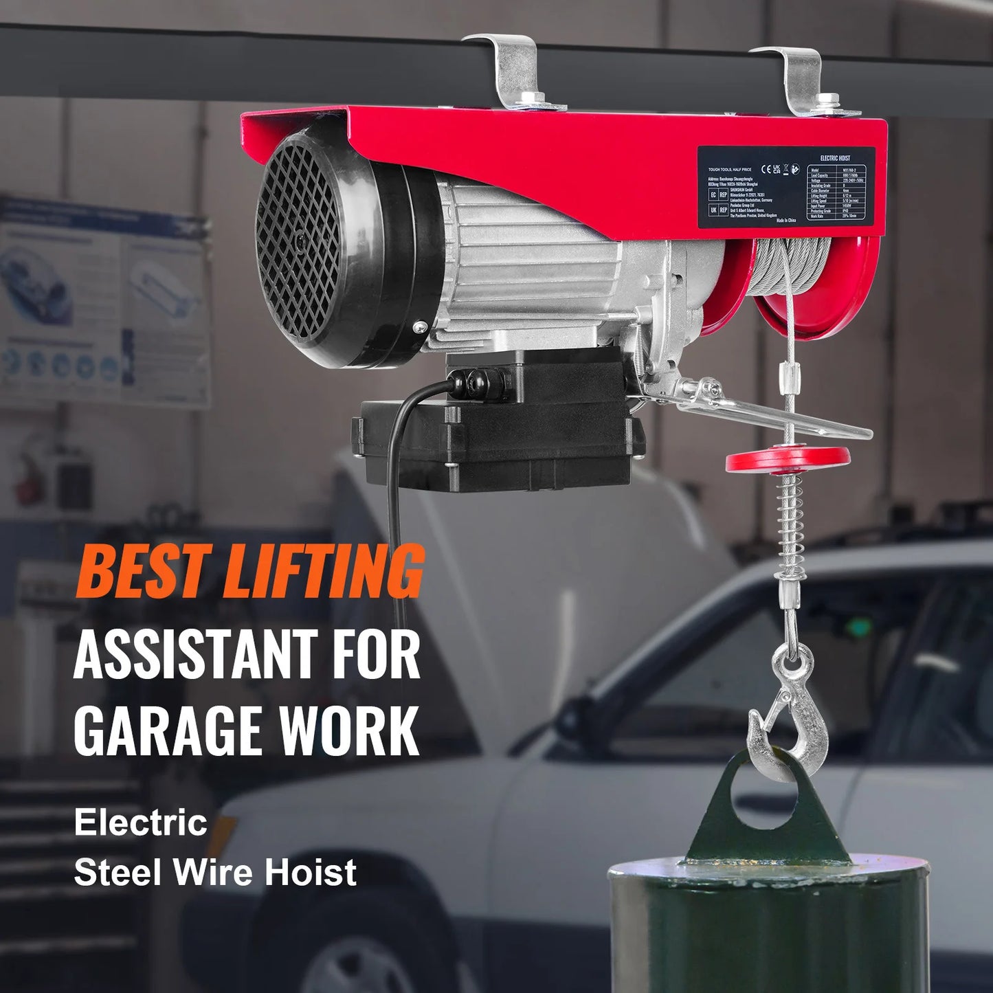 880/1320/1760/2200 Pound Electric Hoist Lifting Crane. Cable Hoist Winch for Boat, Car, Garage. With Wired Remote Control Lifter