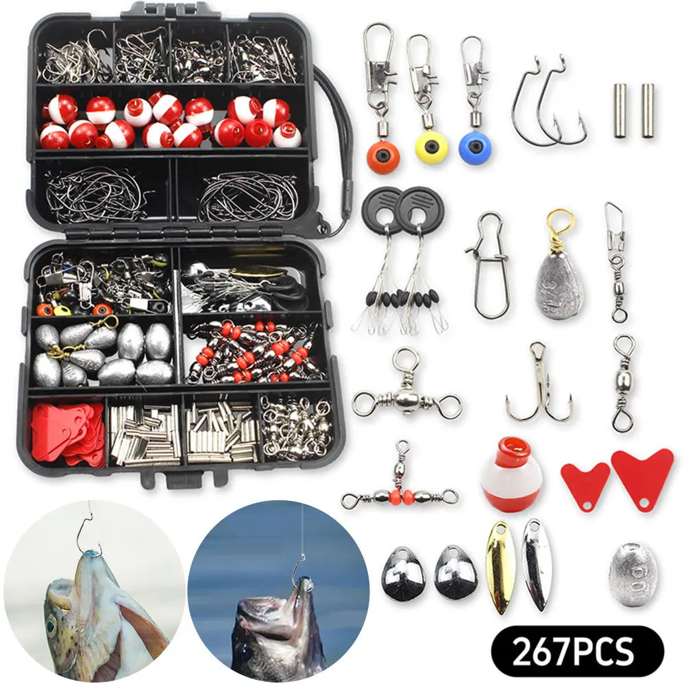 267pcs Fishing Tackle Accessories Kit with Box, Fish Hooks, Lures, Sinkers, Bobbers