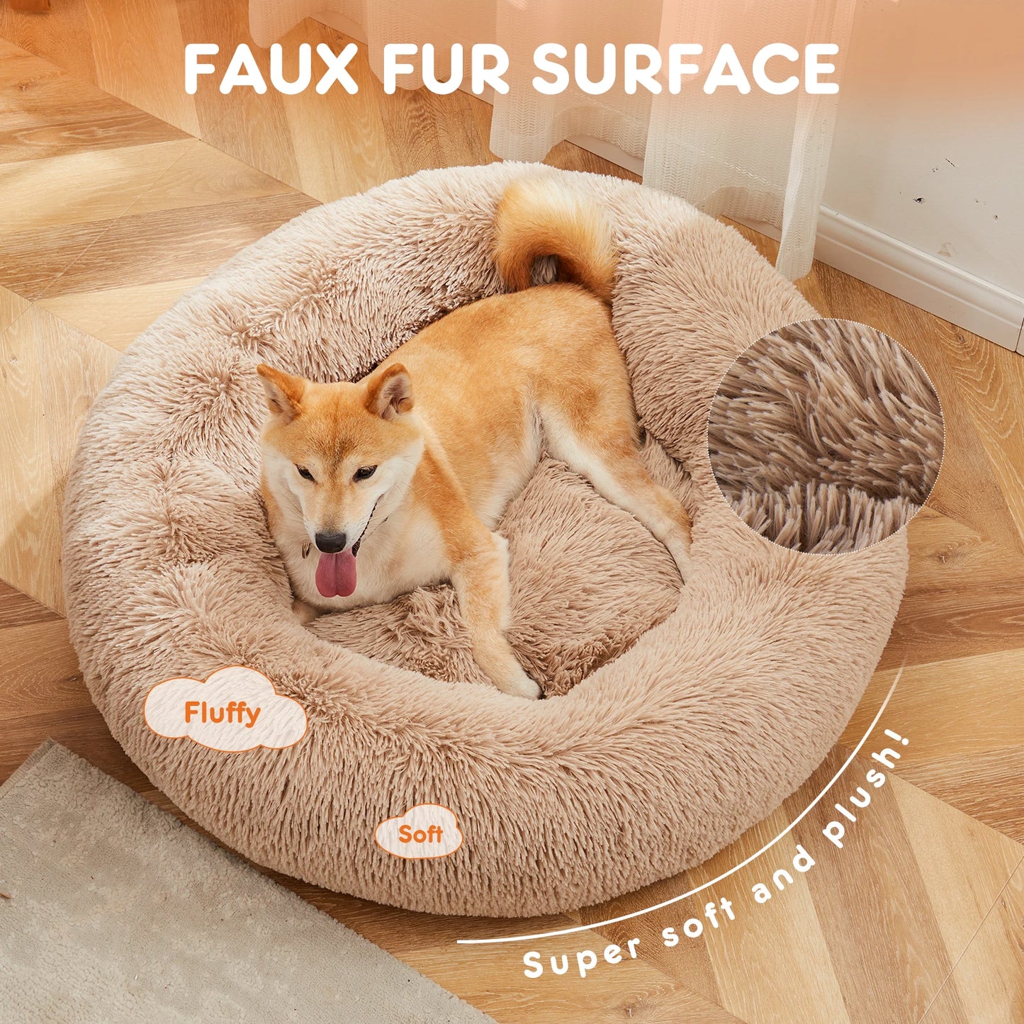 Calming Dog Bed for Medium to Large Dogs, Washable Large Pet Bed Anti-Slip Round Fluffy Plush Faux Fur Dog Bed