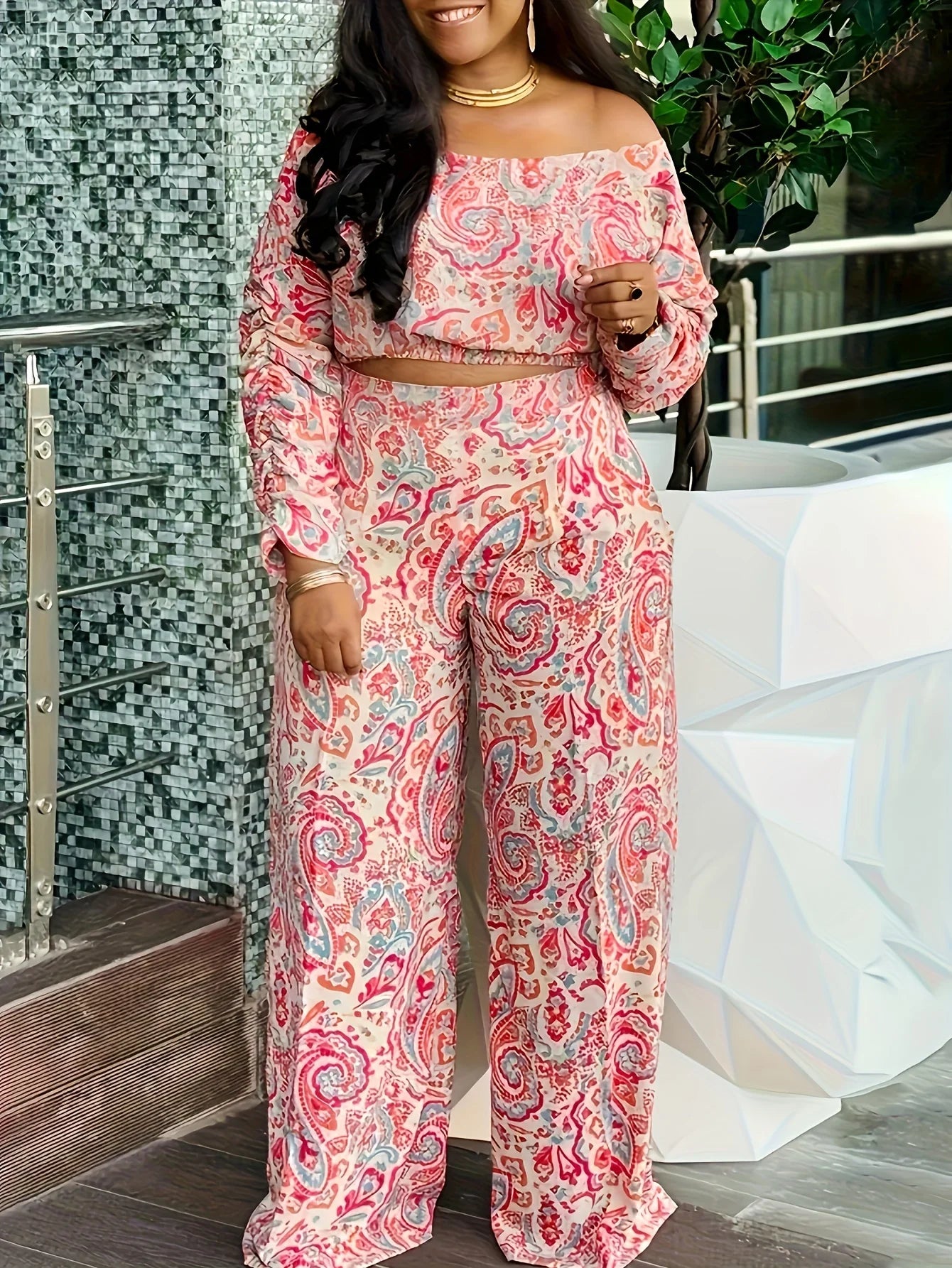 Casual Mix and Match Printed Off-shoulder Long-sleeved Two-piece Suit